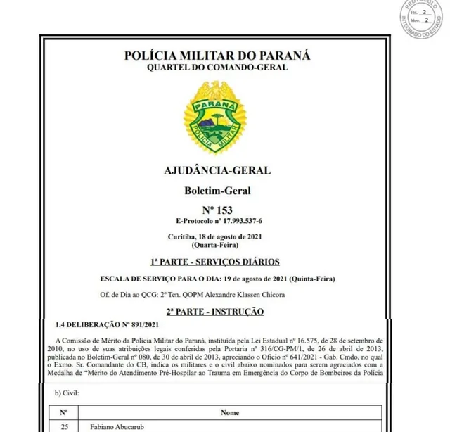 Boletim-Geral nº 153 da PMPR com a Deliberação nº 891/2021