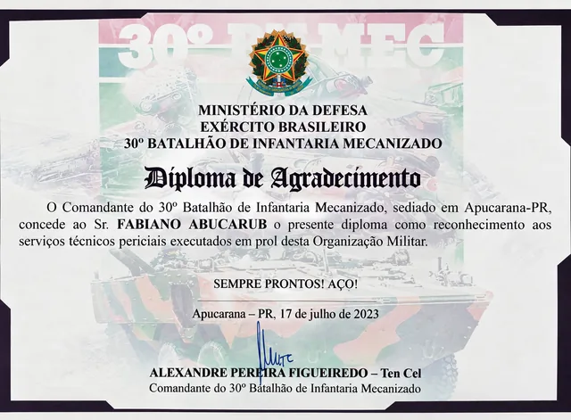 Diploma de Agradecimento do 30º Batalhão de Infantaria Mecanizado