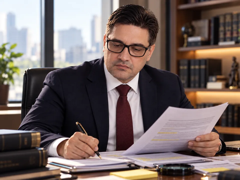 Fabiano Abucarub analisando documentos e laudos em sua mesa de trabalho